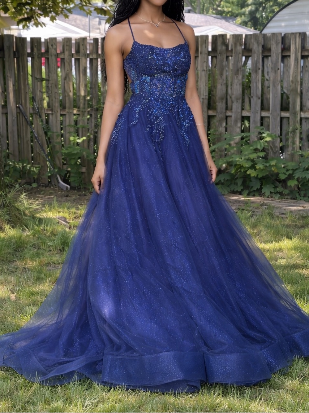 Navy Blue Beaded Prom Dress | Open Back | Glitter Tulle